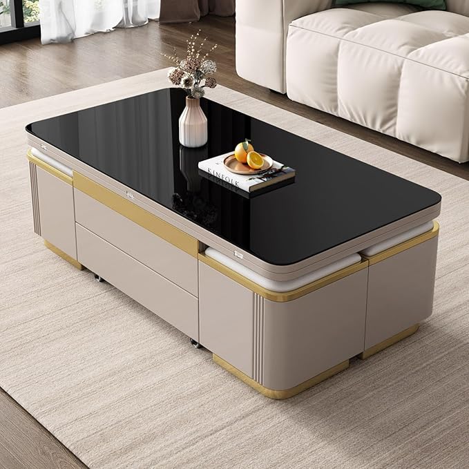 Modern Lift Top Coffee Table with 4 Storage Stools, Extendable Coffee Table with Wheels, 3-in-1 Multifunctional Center Table, Space Saving Folding Dining Table for Living Room, Easy Assembly