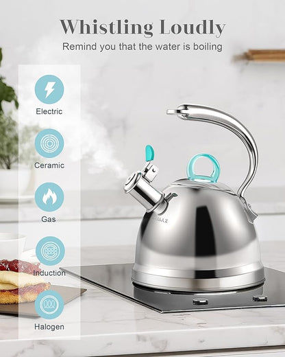 Harriet Tea Kettle Stovetop, 2.5 Quart Whistling Stainless Steel Tea Pot, 3-Layer Base, Unique Ergonomic Handle, Includes Pot Holder & Mat, Electric/Induction/Gas Stovetops Applicable, Mirror Finish