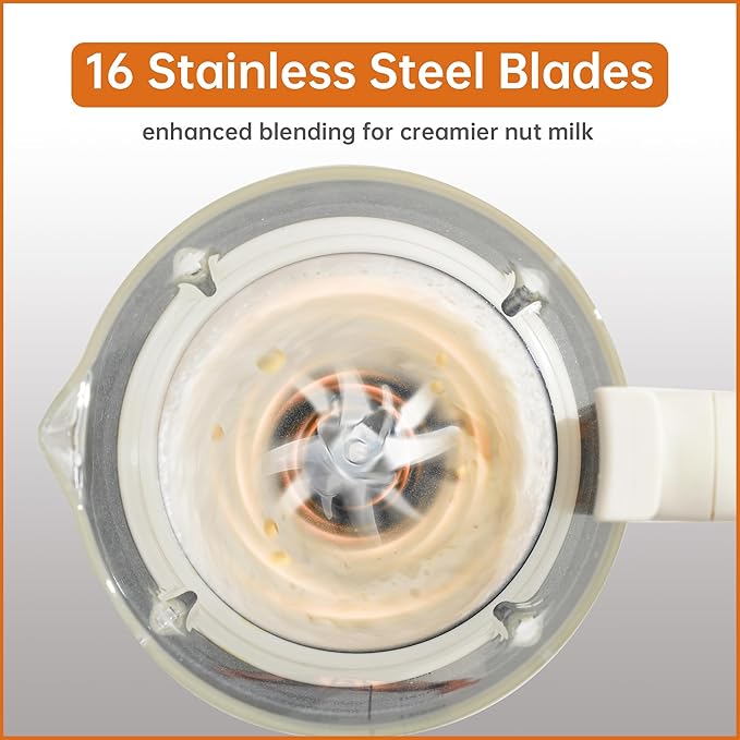 48 oz Nut Milk Maker Machine with 16 Blades, 8 in 1 Automatic Homemade Almond, Oat, Soy, Plant-Based Milk and Dairy Free Beverages, Almond Maker, Self-cleaning, Keep Warm/24-Hour Delay