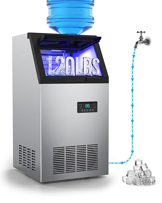 Commercial Ice Maker Machine 120LBS/Day, Undercounter Ice Makers30LBS Storage Bin and 45 Ice Trays, Icemaker Machine Double Water Inlet with Water Line, Ice Scoop