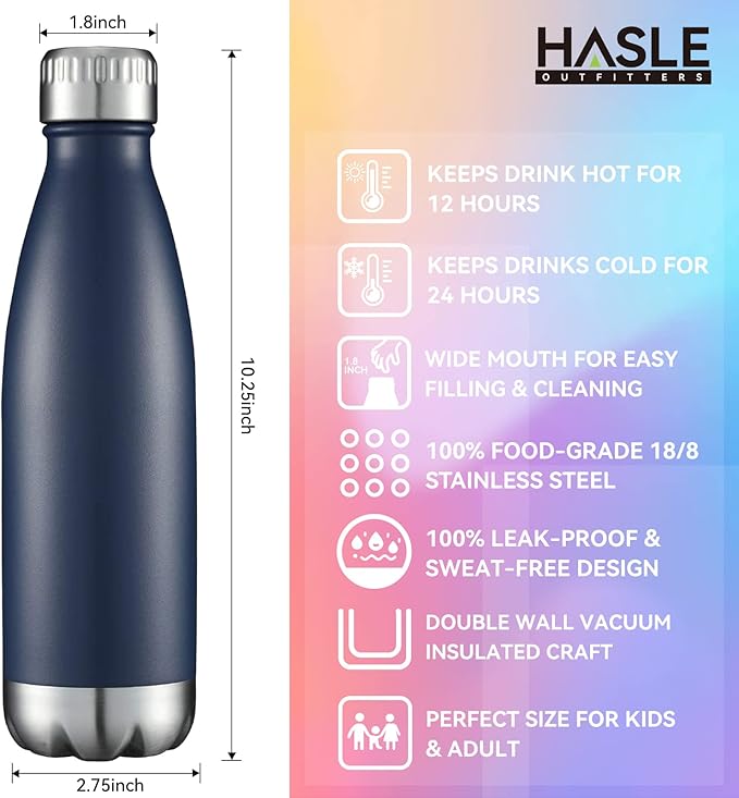 HASLE OUTFITTERS 17oz Stainless Steel Water Bottles Bulk, Vacuum Insulated Water Bottles Double Walled Powder Coated Reusable Metal Sports Water Bottles Keep Drinks Hot and Cold, Navy, 4Packs