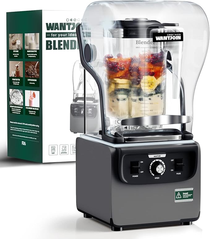 Wantjoin Commercial Quiet Blender for Kitchen, Smoothie Protein Shake Licuadora, Countertop Professional Electric Food Machine for Puree, Milkshake, Juice, Drink and Ice with Silent Cover 2200ml 1800W