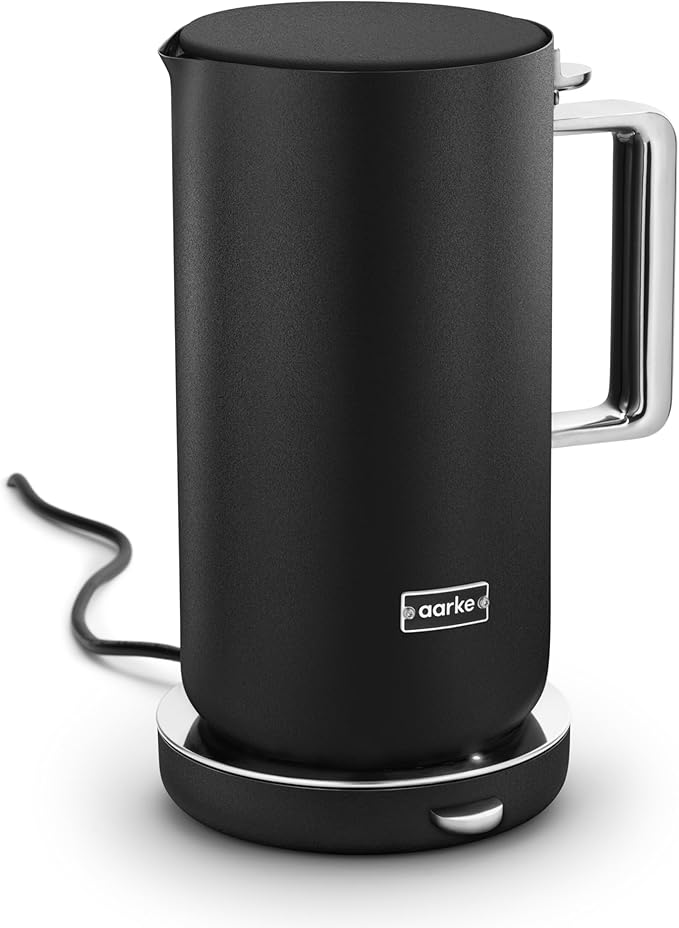 aarke Stainless Steel Kettle - Perfect for Coffee and Tea Maker Enthusiasts, Non-Drip Spout, Double-Wall Construction, Dry Boil Protection, Heat-Safe Handle, LED Cool-Down Indicator, 1.2L (Black)