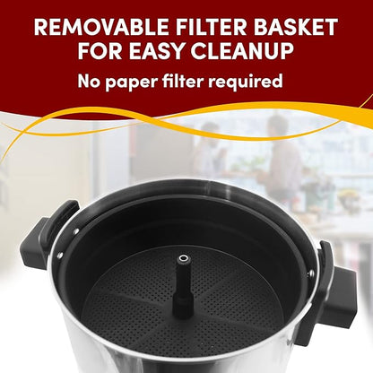 Elite Gourmet CCM-035# Maxi-Matic 30 Cup Stainless Steel Coffee Urn Removable Filter For Easy Cleanup, Two Way Dispenser with Cool-Touch Handles Electric Coffee Maker Urn, Stainless Steel