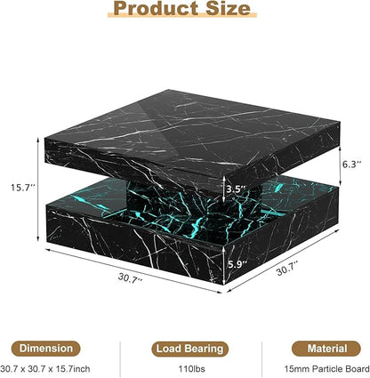 Black Marble LED Coffee Table for Living Room, Living Room Table 2-Tier Square Middle Center Table, Modern Coffee Tables with Storage, Contemporary Wood Tea Tables for Dining Reception