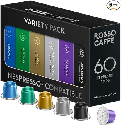 ROSSO CAFFÈ 60 Espresso Coffee Pods for Nespresso Original Machines - Premium Capsule Sampler Variety Pack 6 Flavors, Rich Breakfast to Intense Roasts