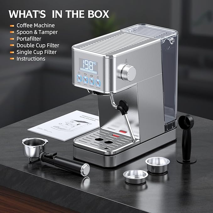 Espresso Machine, 20Bar Compact Stainless Espresso Maker, With Milk Frother Steam Wand, 57.5OZ Water Tank, Displays Making Time & Water Temperature, Cold Brew, Silver (2025 updated model)