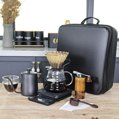 SOTECH Pour Over Coffee Maker Set, Coffee Kettle Scale, Pour Over Coffee Dripper, Bean Grinder, Glass Server, Drip Cup, Filter Paper, All in 1, Traveling Camping Hiking