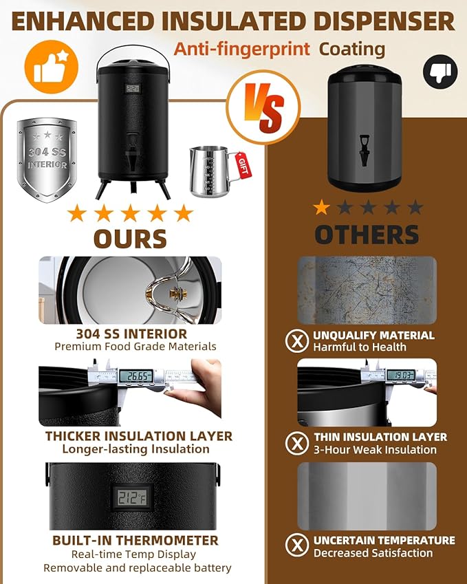 Insulated Beverage Dispenser 2 Gallon, Hot Drink Dispenser with 304 Stainless Steel Interior, Hot Water Dispenser for Parties, Hot Water Urn with Stand for Coffee Chocolate Tea, Black,HP2