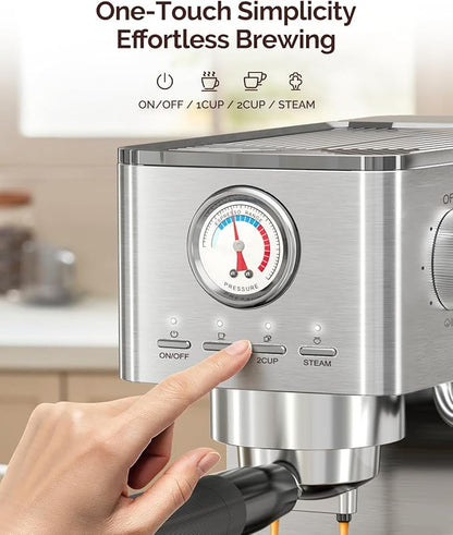 Maestri House Espresso Machine, 20 Bar ULKA Pump, Compact Espresso Maker Built-in Flow Meter Steam Milk Frother, Stainless Steel Coffee Machine for Cappuccino, Latte (Silver)