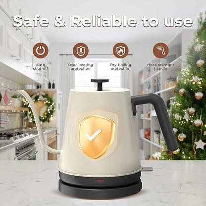 KLEAH Gooseneck Electric Kettle - 0.8L Automatic Shut Off Tea & Coffee Kettle, Hot Water Boiler Pour Over Coffee Kettle, 1200W Quick Heating Keep Warm, Bone White