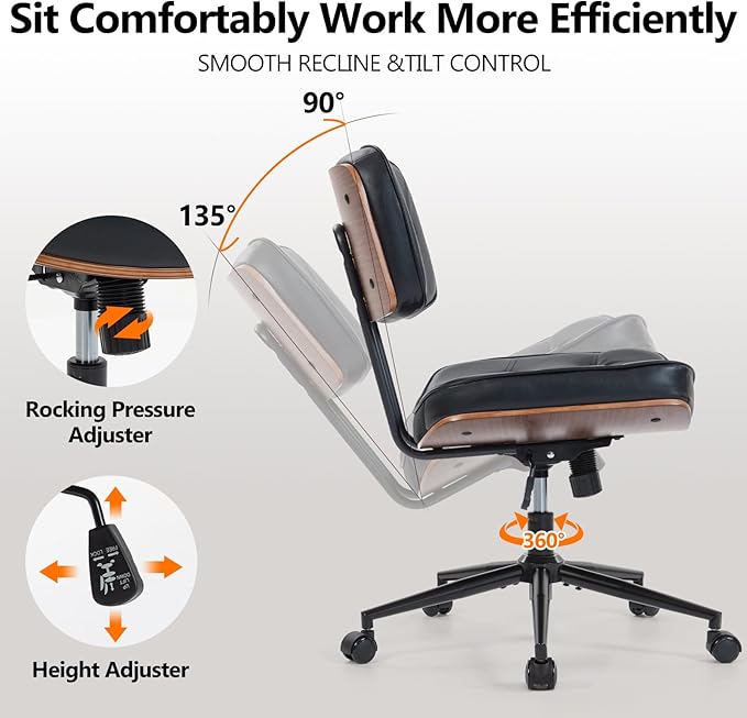 Armless Office Chair with Wheels, Adjustable Height Desk Chair Leather Swivel Computer Chair, Modern Walnut Office Side Chair for Meeting Room Office, Black