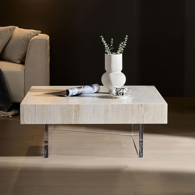 Drum Coffee Table Modern MDF Wooden Tea Table Living Room Square Coffee Table with Acrylic Legs and Marble Grain TopNo Need Assembly