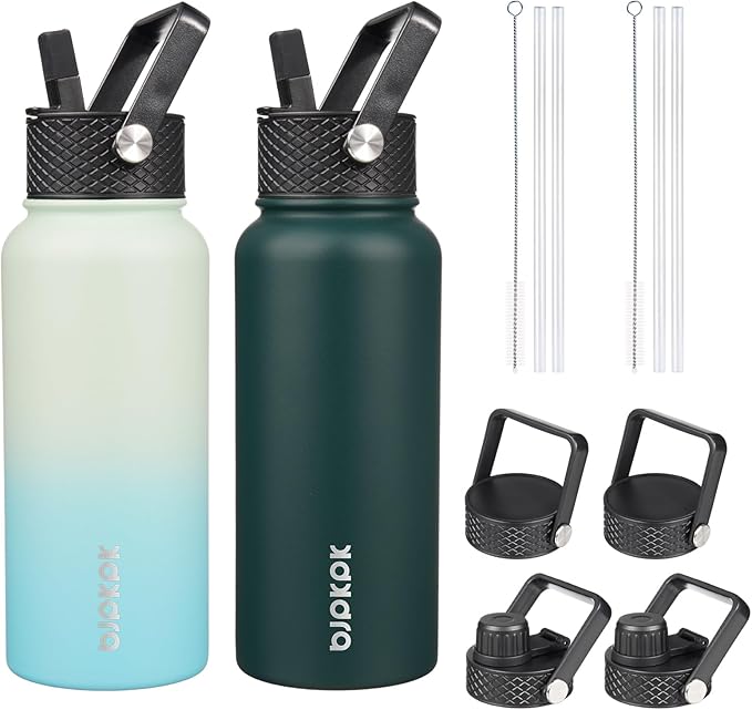 BJPKPK 2 Pack Insulated Water Bottles with Straw Lids, 32oz Stainless Steel Metal Water Bottle with 6 Lids, Leak Proof BPA Free Jugs, Cups, Flasks for Travel, Sports (Army Green+Mint)