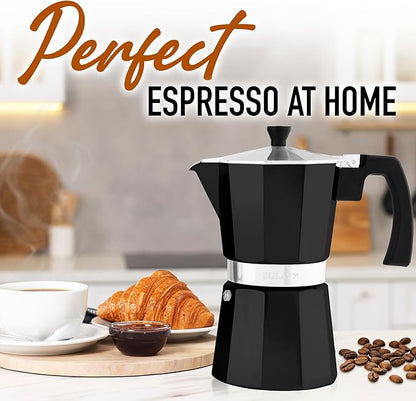 Zulay Moka Pot Espresso Stovetop Coffee Maker - Leak-Proof, Stainless Steel, Easy to Clean, Heat Resistant Handle & Knob - for Authentic Cuban & Italian Style Espresso - Makes 6 Espresso Cups - Black