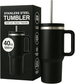 Load image into Gallery viewer, 40oz Black Stainless Steel Tumbler with Handle &amp; Straw Lid – Insulated Travel Mug for Hot &amp; Cold Drinks – Gift for Men &amp; Women – Durable Leak-Proof Reusable Cup, Cupholder Friendly