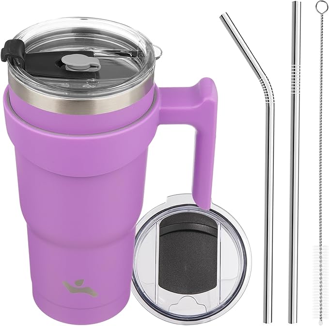 20 oz Tumbler with Handle and 2 Straw 2 Lid, Insulated Water Bottle Stainless Steel Vacuum Cup Reusable Travel Mug,Lavender