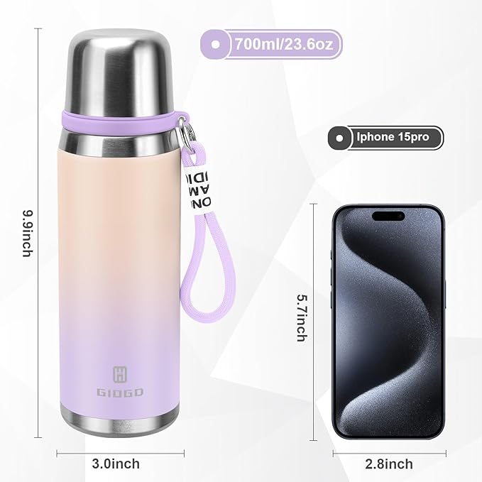 Stainless Steel thermo Bottles with cup 700ml/23.7oz Vacuum Insulated Bottle for hot and cold coffee drink water thermo flask with cup.(Gradient Purple,700ml)