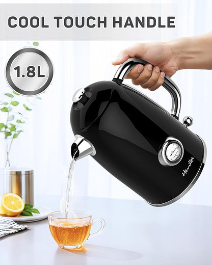 Harriet Electric Kettle, 1.8L Retro Electric Tea Kettle with Thermometer, 1500W Stainless Steel Hot Water Kettle Electric with LED Indicator, Fast Boiling, Cordless, Auto Shut-Off, Black