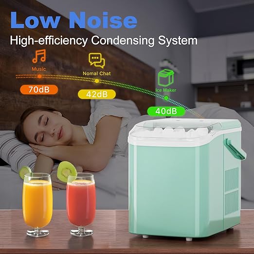 SMUG Ice Makers Countertop with Handle, Portable Ice Machine, 9 Bullet Ice Cubes in 6 Mins, 26lbs in 24Hrs, Auto-Cleaning, with Basket and Scoop, for Home, Kitchen, RV, Camping,Light Green with Handle