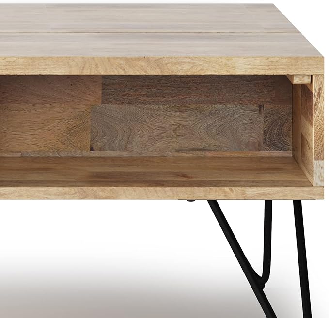 SIMPLIHOME Hunter Small Lift Top Coffee Table - 36 inch Wide Solid Mango Wood and Metal Industrial Cocktail Table in Natural, Living Room Table with Hidden Storage, 2 Cubbies, and Hairpin Legs