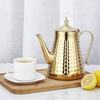SANQIAHOME 1.8L(60oz) Stainless Steel Hammer Patterned Teapot With Removeable Infuser,Loose leaf cover,Gold