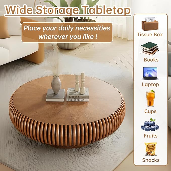 Round Coffee Table 39.3" Modern Brown Fluted Coffee Table Low Round Drum Pedestal Coffee Tables for Living Room Farmhouse (Brown 39.3 inch)