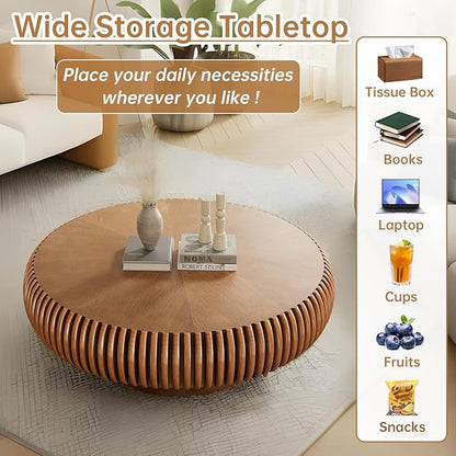 Round Coffee Table 39.3" Modern Brown Fluted Coffee Table Low Round Drum Pedestal Coffee Tables for Living Room Farmhouse (Brown 39.3 inch)