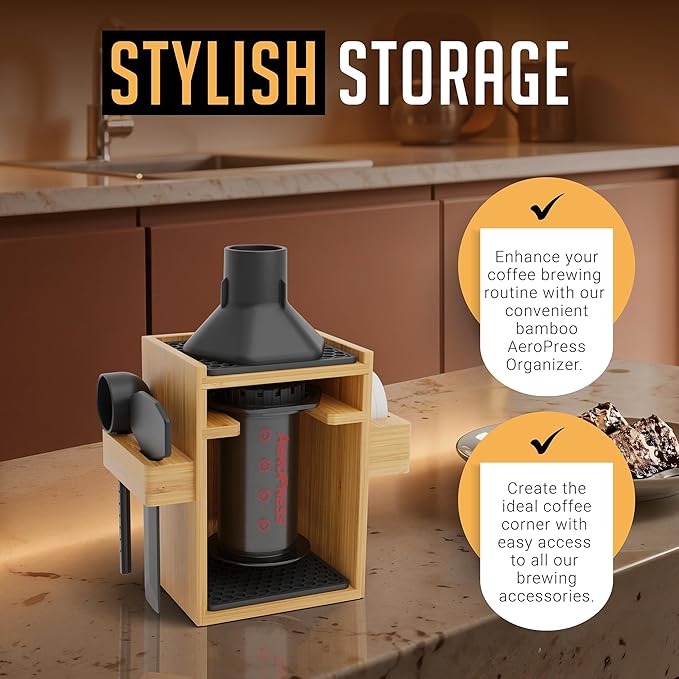 HEXNUB – Compact AeroPress Organizer Stand, Bamboo Coffee Caddy for AeroPress Coffee Maker, Accessories, Filters, Cups, Includes Mats - Black