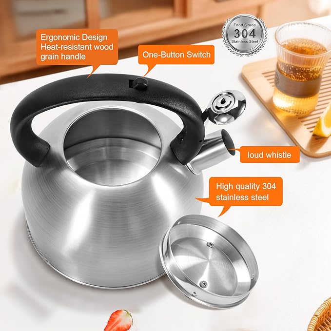 Whistling Stovetop Tea Kettle, 3L Food-Grade 304 Stainless Steel Teapot, Ergonomic Handle,Hot Water Quick Boil,All Metal Stove Kettle Rust Resistant and Durable,With Anti-Scald Towel(Silver)