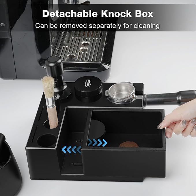 PUSEE Espresso Knock Box & Tamp Station, 9 in 1 Espresso Organizer, Fit 51,54,58MM Tamper, Distributor, Portafilter & Puck Screen Accessories, Detachable Knock Box