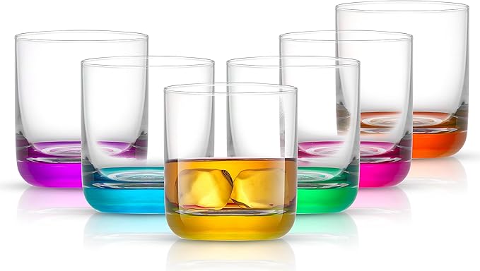JoyJolt Hue Colorful Whiskey Set of 6, 10oz Drink Glasses, Double Old Fashioned Glass, Modern Whiskey Glass Set for Bar, Low Ball Cocktail Tumbler Glasses