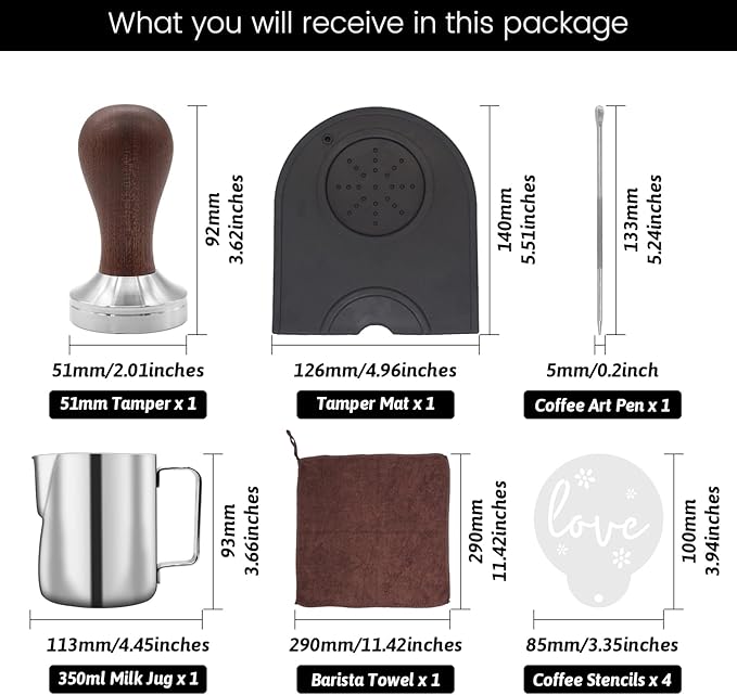 51mm Coffee Tamper Set Barista Kit for Portafilter Machine Wooden Espresso Tamper with Tamper Mat, Frothing Pitcher (350 ml/11.836 oz), Barista Towel, Latte Art Pen and Decorative Stencils