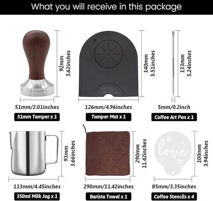 51mm Coffee Tamper Set Barista Kit for Portafilter Machine Wooden Espresso Tamper with Tamper Mat, Frothing Pitcher (350 ml/11.836 oz), Barista Towel, Latte Art Pen and Decorative Stencils