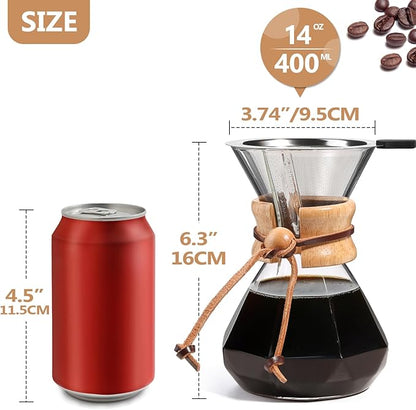 Pour Over Coffee Maker 14 OZ, 4 Cup Borosilicate Glass Drip Coffee Maker with Reusable Stainless Steel Filter and Cork Grip for Home Café 400 ML (Diamond Shape)