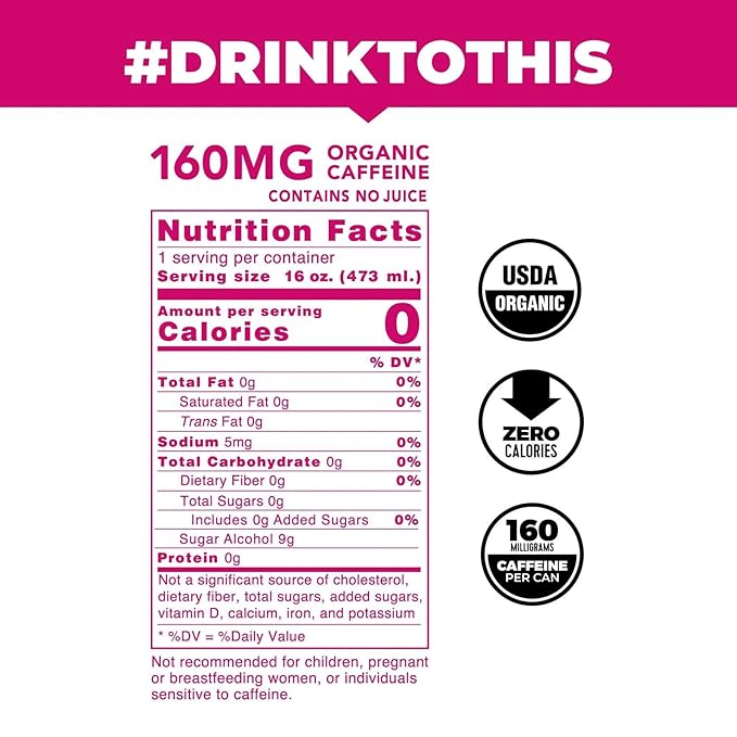 NEW CLEAN Cause Zero Sugar Strawberry Lemonade Yerba Mate Tea Sparkling, USDA Organic Energy Drink Alternative, Zero Calorie, 160mg Natural Caffeine, Soda Alternative (16oz cans, 12-Pack Case)