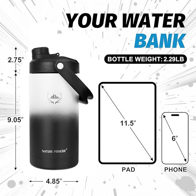 NATURE PIONEOR Insulated Water Bottles with Strap - 64 oz Stainless Steel Vacuum Wide Mouth Bottle with Holder/Carrier/Sleeve - 18/8 Food Grade 64oz Half Gallon Water Jug
