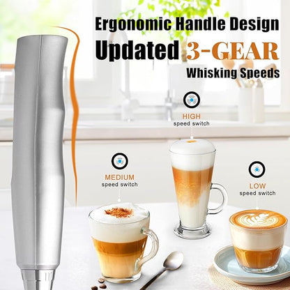 Nahida Silver Milk Frother Wand for Coffee, Frother Handheld Rechargeable Electric Whisk with 3 Heads 3 Speeds Drink Mixer Coffee Frother Foam Maker For Latte, Cappuccino, Hot Chocolate, Egg