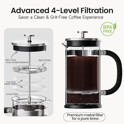 BAYKA 34oz French Press Cold Brew Coffee Maker, Heat and Cold Resistant Thickened Borosilicate Glass Stainless Steel Coffee Press, Iced Coffee Pot Tea Pitcher for Kitchen Travel Camping,1 Liter,Silver