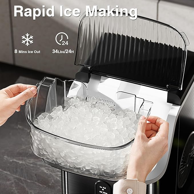 Antarctic Star Nugget Ice Makers Countertop, Pebble Ice Machine with Chewable Pellet Ice, 34Lbs/24H, Self-Cleaning, Sonic Ice, One-Click Operation, for Kitchen,Office Stainless Steel Black
