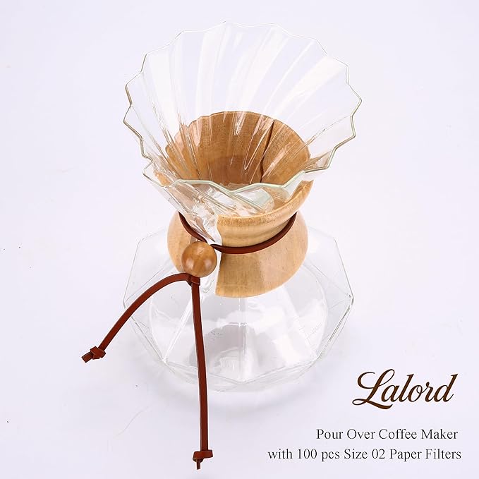 Pour Over Coffee Maker, 19 oz Borosilicate Glass Coffee Carafe with 100 PCS Paper Filter, Wooden Collar & Cowhide rope, Glass Coffee dripper (Clear, 550 ml(only Paper Filter))
