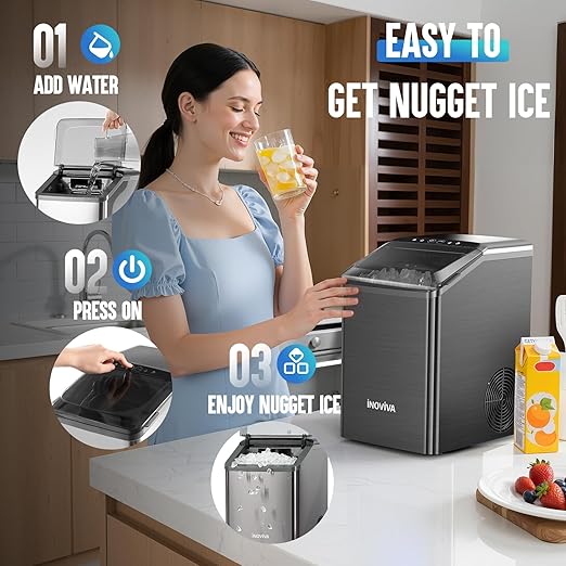 Nugget Ice Maker Countertop, 40lbs/24H Soft Chewable Pellet Ice Machine with Self-Cleaning, Sonic Ice Maker for Home Kitchen, Office - Black Stainless