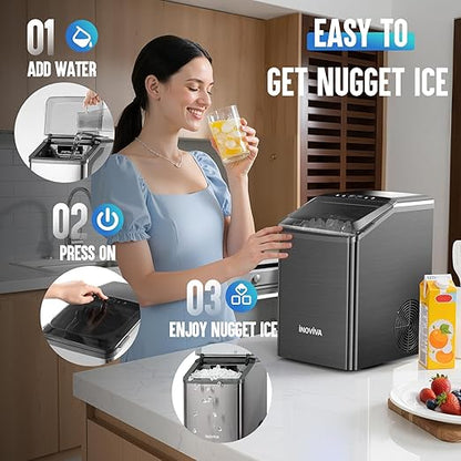 Nugget Ice Maker Countertop, 40lbs/24H Soft Chewable Pellet Ice Machine with Self-Cleaning, Sonic Ice Maker for Home Kitchen, Office - Black Stainless