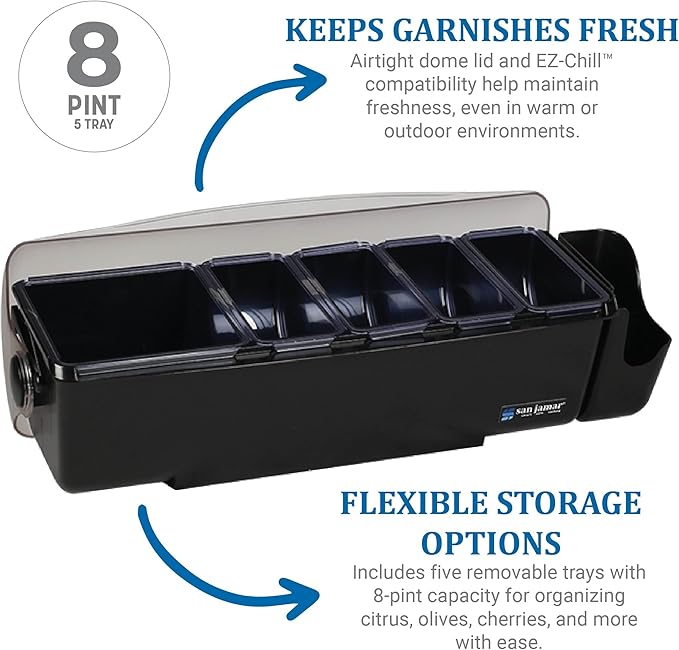San Jamar Dome Garnish Center 5 Tray with Dome Lid for Kitchen, Bar, And Restaurants, Plastic, 8 Pints, Black