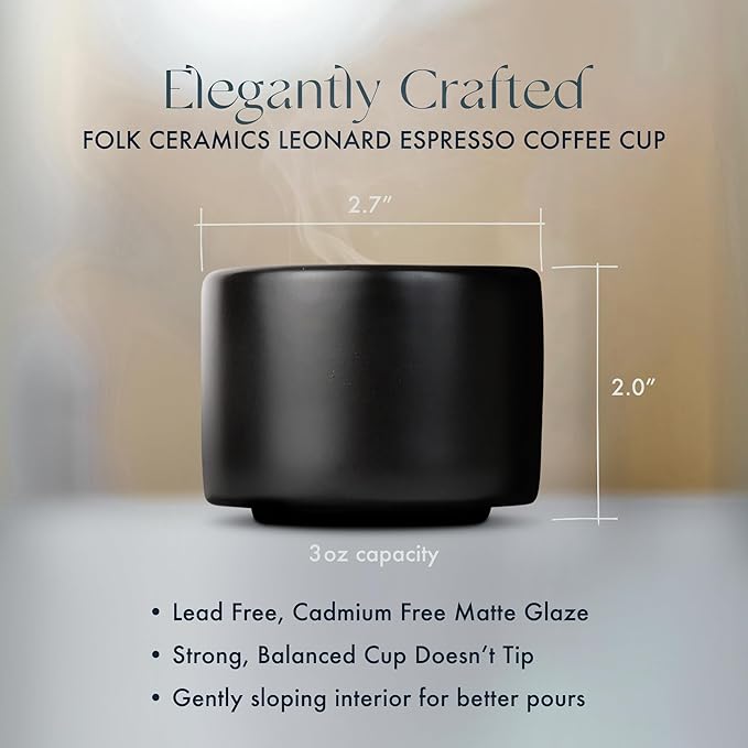 Folk Ceramics Leonard Ceramic Espresso Cups | Modern Stackable Demitasse Mugs for Espresso | Thick Walled, Handleless, Durable, Dishwasher & Microwave Safe | Set of 2, 3oz | Matte Black