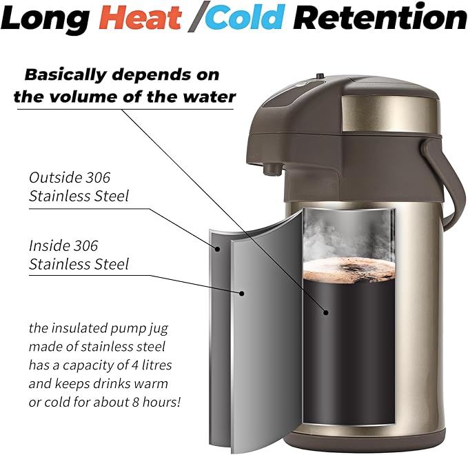 OJOJ 4L/133OZ Thermal Coffee Carafe with Pump, Thermal Beverage Dispenser, Coffee Airpot Stainless Steel Coffee Carafe for Hot Drinks Gold