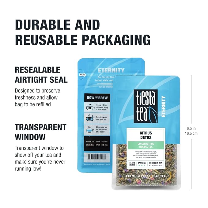 Tiesta Tea - Ginger Citrus Herbal Loose Leaf Tea, Lemon Ginger Tea with Mint and Chamomile, Caffeine-Free, Brew Hot or Iced, Makes Up to 25 Cups, Resealable Pouch, 1.2 Ounce