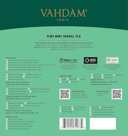 VAHDAM, Pure Mint Herbal Tea (100 Pyramid Tea Bags) Caffeine Free, Non GMO, Gluten Free | Blend of Spearmint & Peppermint - Sweet & Minty | Resealable Ziplock Pouch