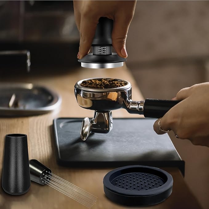 Espresso Hand Tamper 51mm, Coffee Tamper with WDT Tool Calibrated Spring Loaded, Hand Tampers with Silicone Mat, 100% Flat Stainless Steel Base Tamper for Espresso Coffee Machine