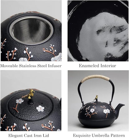 Cast Iron Teapot SECHUDO Teapot for Stovetop Safe Coated with Enameled Interior,Japanese Beautiful Tea Kettle with Stainless Steel Infuser for Loose Tea (40.6oz/1200ml)